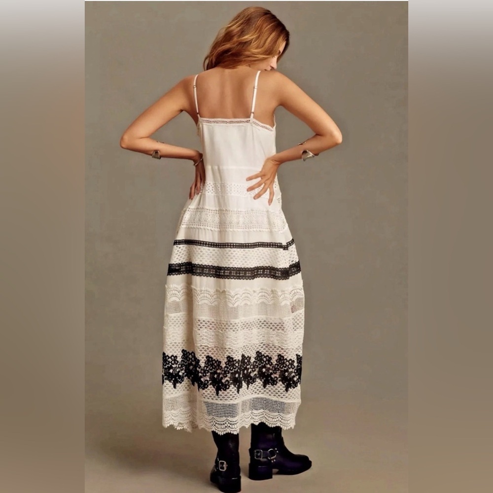 By Anthropologie Sleeveless V-Neck Lace Maxi Dress in White & Black Size Medium - Picture 3 of 12